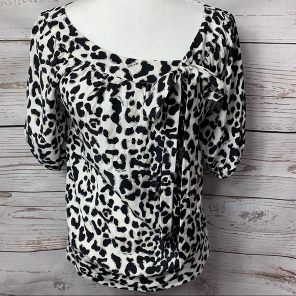 NWOT WHBM Silk Leopard Print Bow Peasant Blouse - Picture 1 of 6